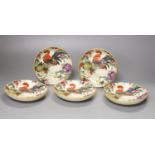 A set of five Chinese famille rose cockerel dishes, 13cm diameter