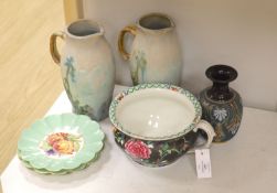 A quantity of mixed ceramics to include three Shelley fruit plates, a Whieldon ware bed pan, a