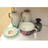 A quantity of mixed ceramics to include three Shelley fruit plates, a Whieldon ware bed pan, a