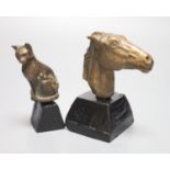 A bronze of a horse's head, on stand, signed, height 12cm, and a similar cat