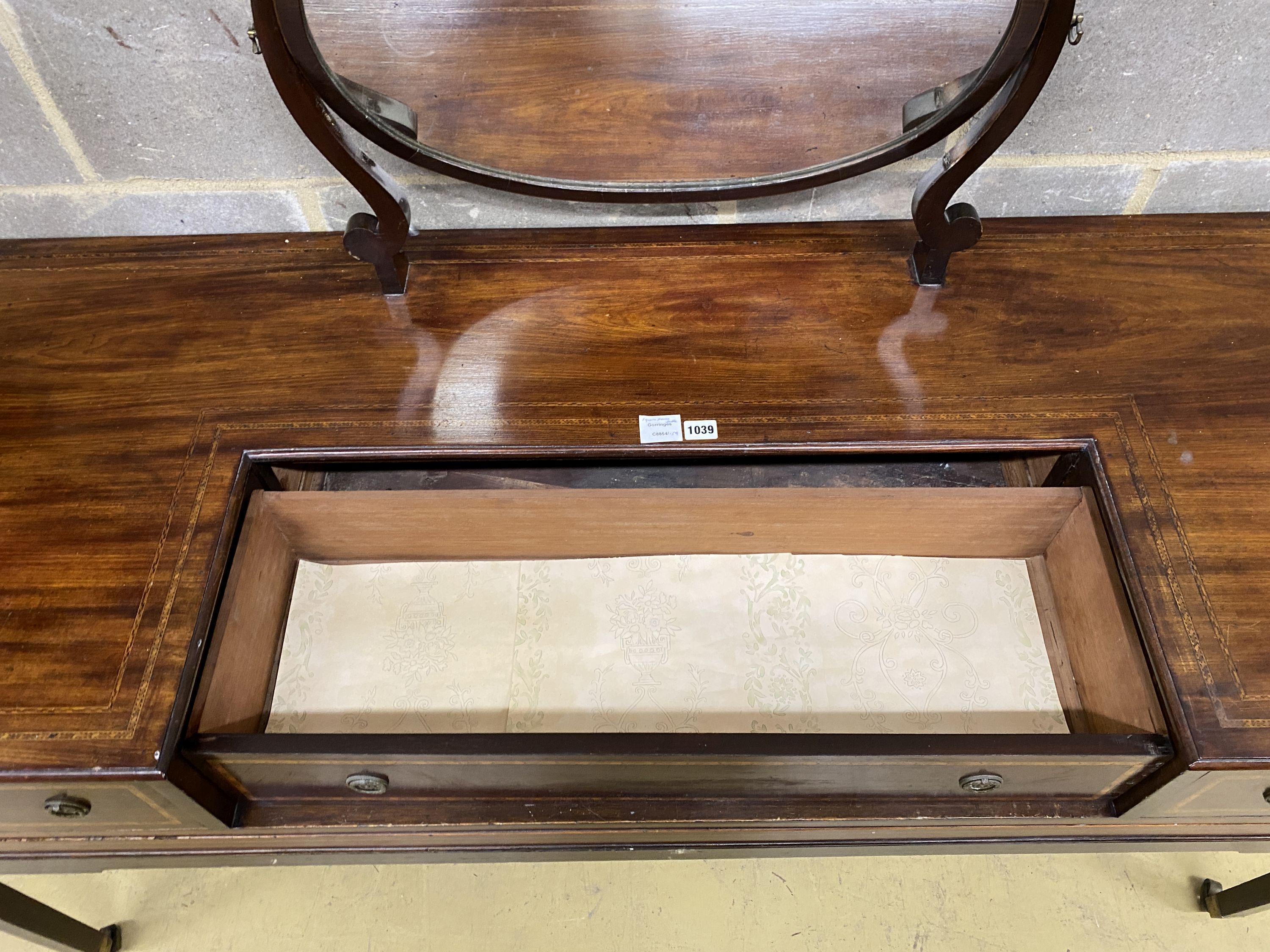 A mid 19th century mahogany dressing table, converted from a square piano, decorated with - Image 3 of 4