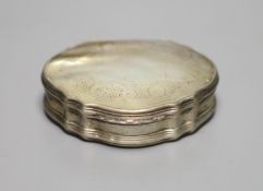An early 19th century white metal and mother of pearl mounted cartouche shaped snuff box, 72mm,