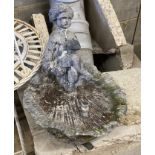 A cast lead figural and scallop shell fountain head, width 38cm, height 42cm