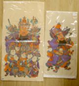 Two Chinese unframed woodblock prints of entertainers, largest 97 x 51cm