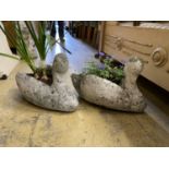 A pair of reconstituted stone swan garden planters, width 48cm, height 30cm