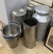 Three stainless steel cylindrical food containers, a galvanised steel churn and four stainless steel