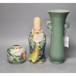 A Chinese celadon vase, a porcelain sage, height 31cm, and a ginger jar