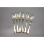 A set of six George IV silver Hanover pattern table forks, crested, London 1828, maker probably