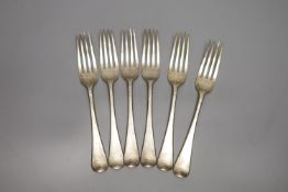 A set of six George IV silver Hanover pattern table forks, crested, London 1828, maker probably