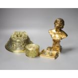 An Art Nouveau bust of a lady, 22cm high an inkwell and box and bronze dome ornament