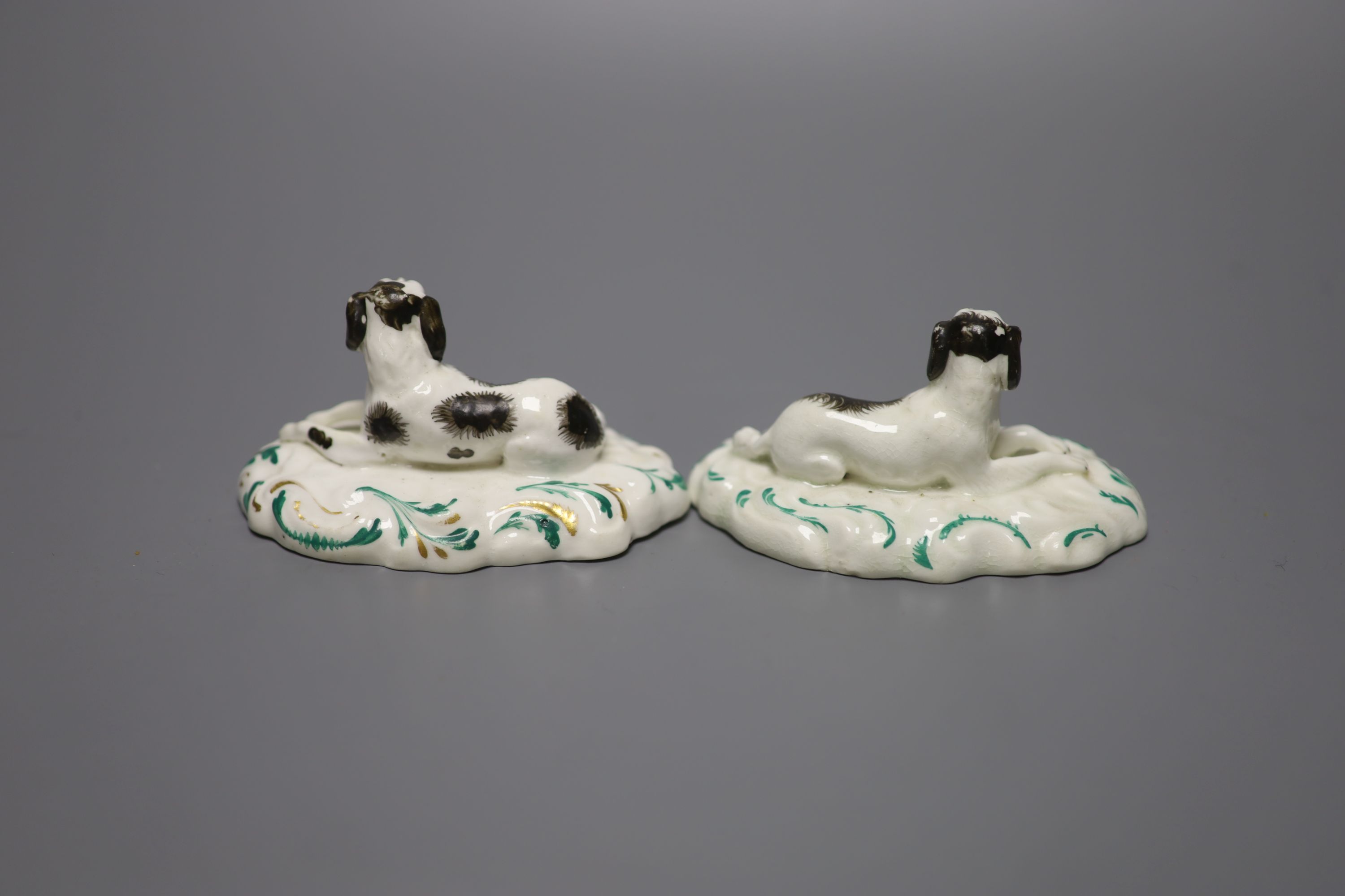 A pair of Staffordshire porcelain recumbent King Charles spaniels, c.1840, height 5cmCONDITION: ex - Image 2 of 2