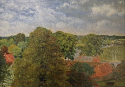 English School c.1900, oil on canvas, Landscape with trees and viaduct, 25 x 35cm