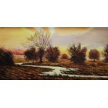 A modern oil on board, River landscape at sunrise, 60 x 120cm