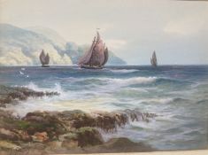 Rubens Southey (1881-1933), watercolour, Fishing boats along the coast, signed, 25 x 35cm,