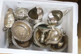 Assorted plated ware including pair of lemonade jugs, two pairs of sauceboats, tea caddy and wine