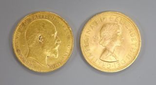 Two gold sovereigns, 1903 & 1957.
