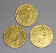 Three George III gold one third guineas, 1800 & 1802(2).