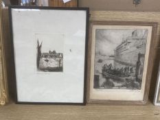 Edward J. Cherry, etching, Tower of London, 14 x 10cm, and another etching, Fleet's Inn by Sutton
