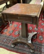 An early Victorian mahogany drop flap work table, width 49cm, depth 49cm, height 74cm