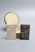 A Victorian tortoiseshell and mother of pearl card case, similar mother of pearl case and a