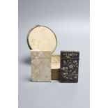 A Victorian tortoiseshell and mother of pearl card case, similar mother of pearl case and a