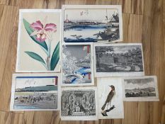 Three assorted Japanese wood block prints and European prints, largest 40 x 26cm, unframed