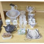 A Barolac opalescent glass vase, a Wedgwood black basalt teapot, Wedgwood and Spode coffee wares,