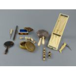 A collection of assorted 18th century and later sewing accessories and objets d'art including a horn