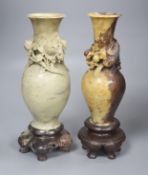 Two early 20th century Chinese soapstone vases, tallest 31cm