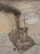 Peter Nuttall (1943-2011), ink and watercolour, Study of a steam boat, signed and dated '84, 52 x