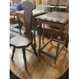 Two 1920's oak occasional tables, larger width 60cm, depth 37cm, height 72cm, together with a carved