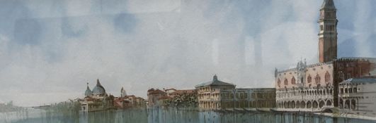 Saverio De Belo (b.1951), watercolour, Venetian scene, signed, label verso, 12.5 x 35cm