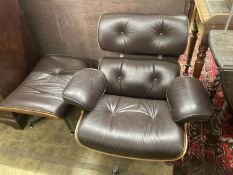 An Eames style modern buttoned dark brown leather swivel chair, width 92cm, depth 74cm, height