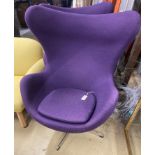 A pair of contemporary purple fabric 'egg' chairs, width 85cm, depth 75cm, height 112cm