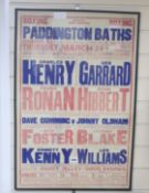 A Paddington Baths boxing poster c.1950/60, framed, 75 x 50cm