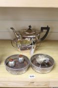 A three piece plated teaset, a pair of coasters and a shell salt