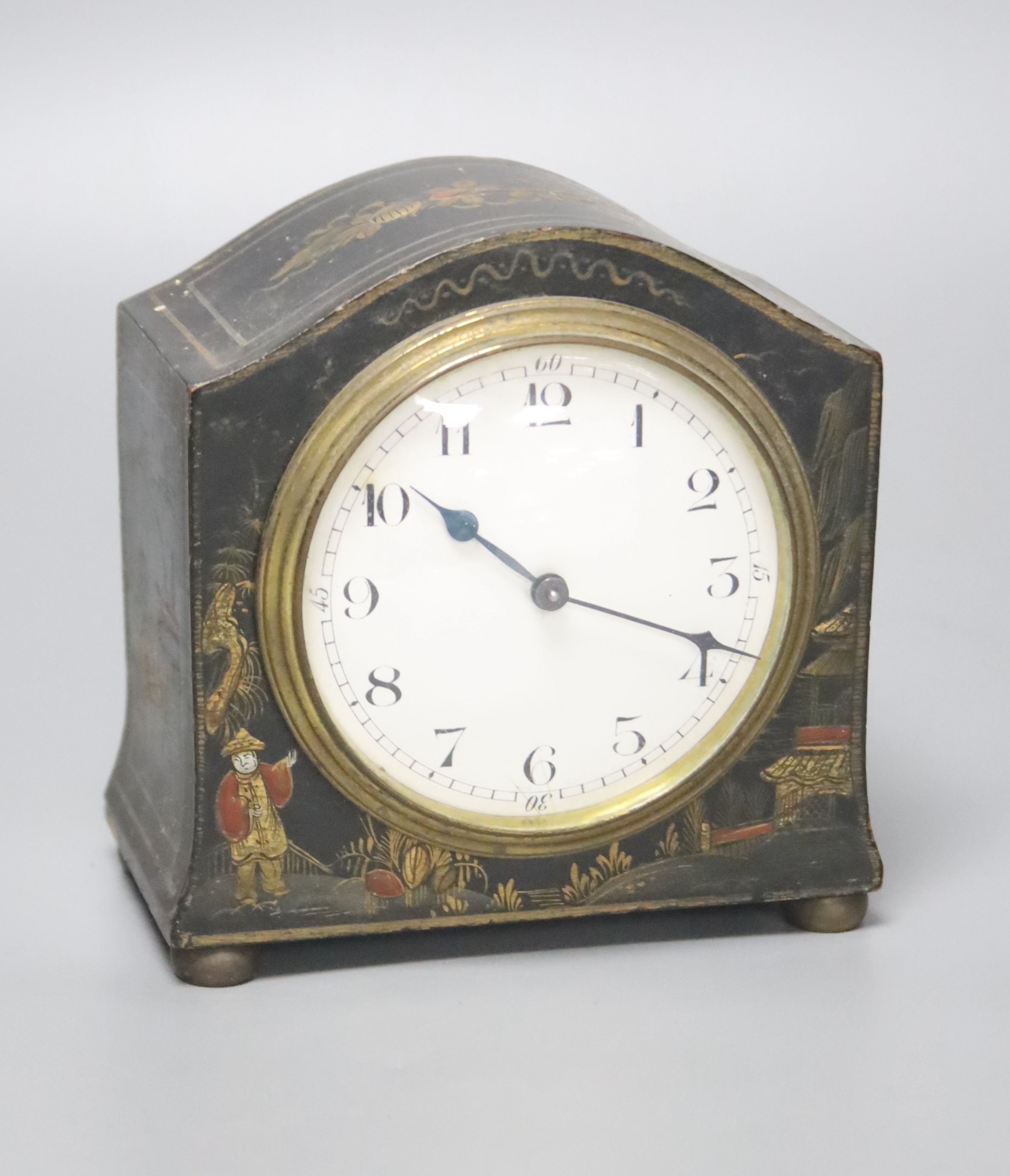 A 1920's chinoiserie lacquer mantel timepiece, height 13cm