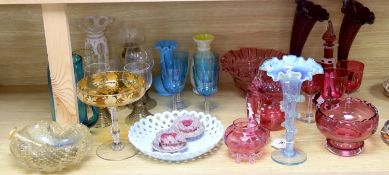An assortment of 19th century and later coloured glassware including cranberry, Bohemian, Venetian