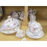 Two Victorian bone china part teasets, a covered tureen and matching meat plate