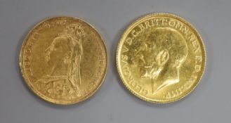 Two gold sovereigns, 1890 & 1922.