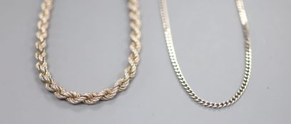 A silver ropetwist chain, 58cm, 75.7 grams and a silver curblink chain, 60cm, 17.7 grams