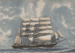 English School c.1900, watercolour, Study of a clipper ship, 12 x 17cm