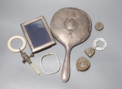 Assorted minor silver etc. including a hand mirror, pill boxed, teething rattle and a 925 bangle.