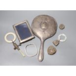 Assorted minor silver etc. including a hand mirror, pill boxed, teething rattle and a 925 bangle.