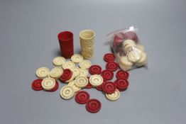 19th century Cantonese ivory draughts pieces and two dice shakers