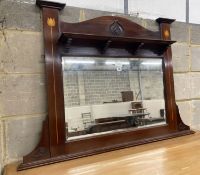 A late Victorian Art Nouveau inlaid mahogany overmantel mirror, width 122cm, height 86cm