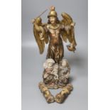 An 18th / 19th century Italian carved polychrome wood figure of Gabriel, height 37cm, and three