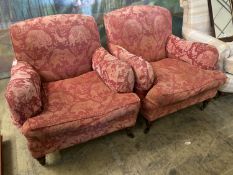 A pair of late Victorian style upholstered lounge armchairs, width 88cm, depth 98cm, height