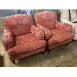 A pair of late Victorian style upholstered lounge armchairs, width 88cm, depth 98cm, height
