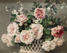 Maurice Decamps, oil on canvas, Still life of roses in a basket, signed, 37 x 44.5cm